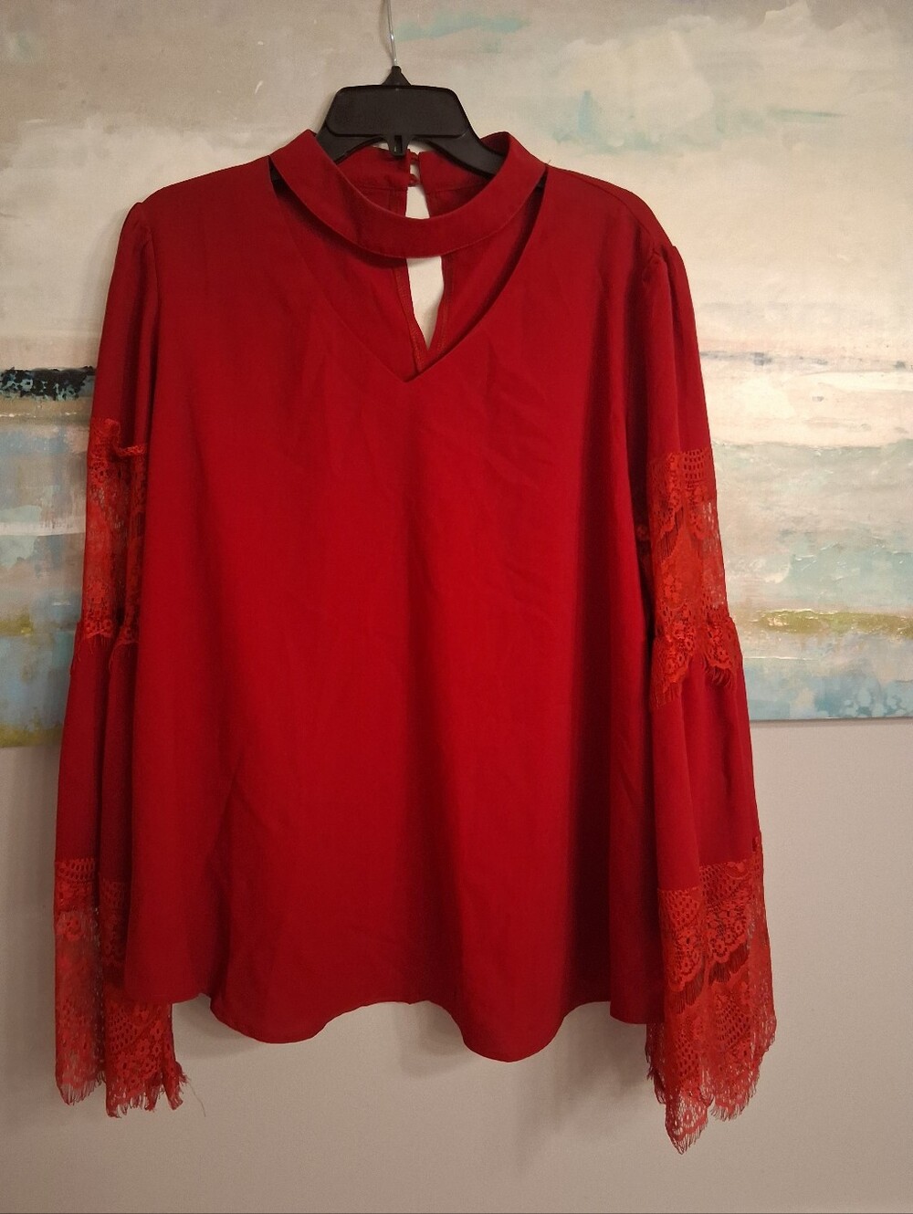 Cherry Red Boho Hippie Victorian Lace Bell Sleeve Chocker Blouse Size XL